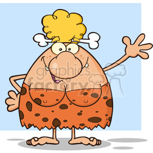 A humorous, cartoon-style depiction of a cavewoman with a bone in her hair, wearing a spotted, orange outfit.