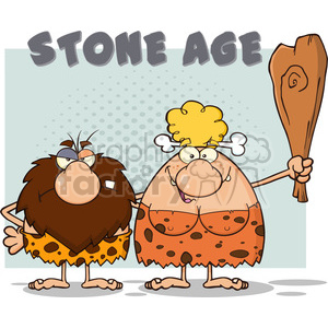 caveman couple cartoon mascot characters with woman holding a club and text stone age vector illustration with text stone age