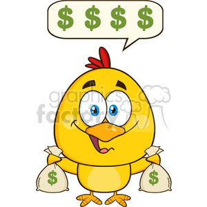 The clipart image features a cartoon of a happy yellow chick with two money bags, each marked with a dollar sign. The chick is also thinking about or talking about money, as indicated by a speech bubble filled with dollar signs above its head.