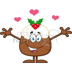   royalty free rf clipart illustration smiling christmas pudding cartoon character with open arms and hearts for greeting vector illustration isolated on white 