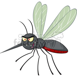 A cartoon image of an evil and menacing mosquito showing aggressive facial features, with skinny legs, large wings, and a needle-like proboscis.