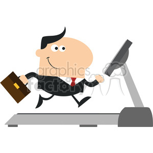 This clipart image features a cartoon businessman running on a treadmill while holding a briefcase. The character is wearing a black suit and red tie, smiling as he exercises.