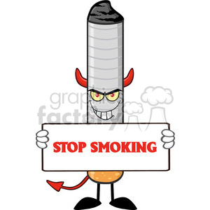 devil cigarette cartoon mascot character with sinister expression holding a sign vector illustration with text stop smoking isolated on white background