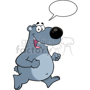 A happy cartoon bear running with a speech bubble above its head. The bear has a large black nose, big eyes, and an open mouth with a tooth showing.