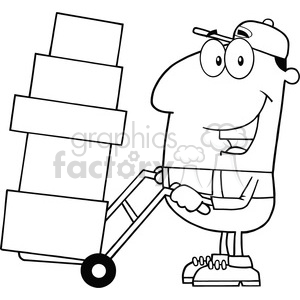 black and white delivery man cartoon character using a dolly to move boxes vector illustration with isolated on white