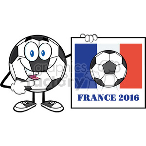 This image features an anthropomorphic soccer ball character leaning against a poster. The character has large blue eyes, shoes, and hands, and is portrayed with a happy expression. The poster next to the character has the French flag, a black and white soccer ball, and the text FRANCE 2016 written in blue underneath.