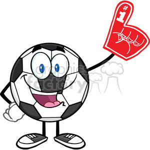 happy soccer ball cartoon mascot character wearing a foam finger vector illustration isolated on white background
