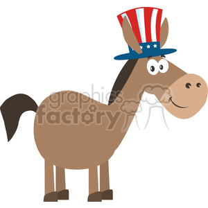 A cartoon donkey wearing a patriotic top hat decorated with stars and stripes.