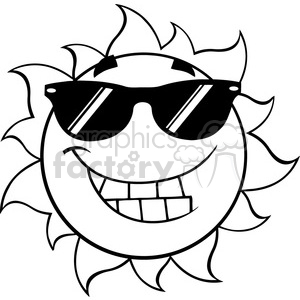 black and white smiling summer sun cartoon mascot character with sunglasses vector illustration isolated on white background