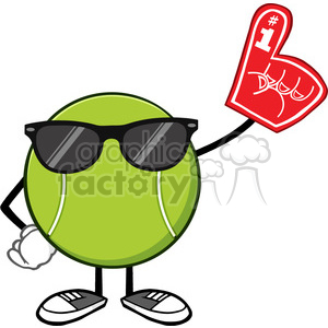 tennis ball faceless cartoon mascot character with sunglasses wearing a foam finger vector illustration isolated on white background