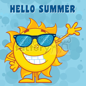10112 happy sun cartoon mascot character with sunglasses waving for greeting with text hello summer vector illustration with blue background