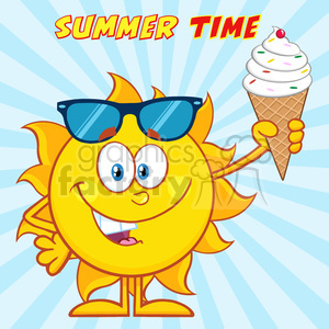 cute sun cartoon mascot character with sunglasses holding a ice cream vector illustration with sunburst background and text summer time
