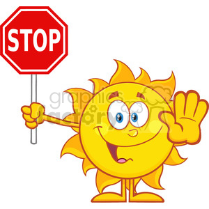 10129 cute sun cartoon mascot character gesturing and holding a stop sign vector illustration isolated on white background