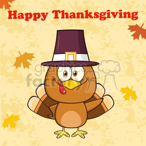 A cartoon turkey wearing a pilgrim hat, surrounded by autumn leaves, with the text 'Happy Thanksgiving' above.