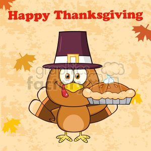 happy thanksgiving greeting with cute pilgrim turkey bird cartoon character waving vector illustration