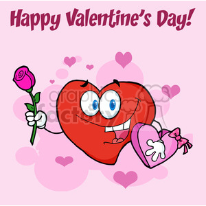 A cute cartoon heart character holding a rose and a heart gift box with 'Happy Valentine's Day' message, surrounded by pink hearts.