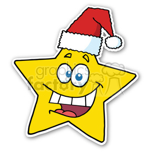 A cartoon yellow star wearing a Santa hat with a cheerful expression, perfect for holiday-themed designs.