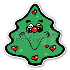 A cartoon-style clipart image of a Christmas tree with a smiling face and hearts.