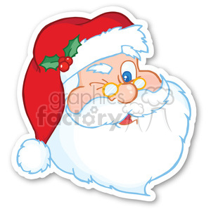 Clipart of Santa Claus with a red hat, winking eye, and holly decoration.