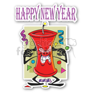 Clipart image of a cartoon-style firecracker with a mischievous expression, surrounded by colorful confetti, featuring the text 'Happy New Year'.