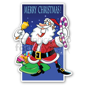 A cheerful cartoon Santa Claus holding a bell and candy cane, with gifts in the background and 'Merry Christmas' text.