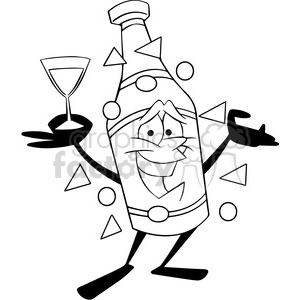 A festive and cheerful cartoon champagne bottle character holding a wine glass, surrounded by celebratory confetti designs.