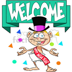   The clipart image shows a cartoon baby new year wearing a party hat, symbolizing the arrival of the new year. The baby is surrounded by colorful confetti and streamers, creating a festive atmosphere. The text "Welcome the New Year" is written in bold letters above the baby. Overall, the image represents the celebration of the new year with joy and excitement.
 