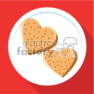 Clipart image of two heart-shaped cookies on a plate set against a red background, symbolizing love and Valentine's Day.