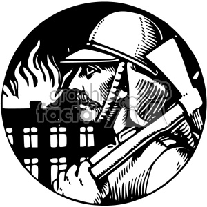 Vintage black and white clipart image of a firefighter in profile, holding an axe over his shoulder, with a burning building in the background.