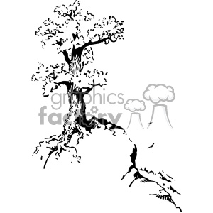A black and white clipart image of a tree perched on the edge of a cliff. The tree features detailed leaves and branches with a textured trunk extending from the rocky ground.