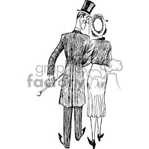 A black and white clipart image of a man and woman walking arm in arm. The man is wearing a top hat and tailcoat, while the woman is dressed in a hat and long skirt.