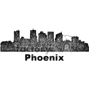 A sketched, abstract black and white silhouette of the Phoenix city skyline, with the word 'Phoenix' written below it.
