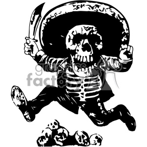 The clipart image depicts a vintage black and white illustration of a human skull with a hat, surrounded by decorative elements. The style is reminiscent of the work of Jose Guadalupe Posada, a Mexican artist known for his depictions of calaveras (skulls) in popular culture. The image may be associated with the Day of the Dead, a Mexican holiday where people remember and honor their deceased loved ones. The skull appears to be holding a bottle or mug, suggesting a drunken or festive atmosphere. Overall, the image combines themes of mortality, cultural tradition, and celebration.
