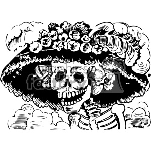 A monochrome clipart image of a skeleton adorned with a decorative hat featuring flowers and feathers, reflecting elements of traditional Mexican Day of the Dead (Da de los Muertos) art.