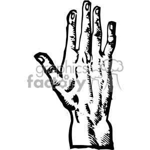 A black and white clipart illustration of an open hand with detailed line work.
