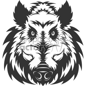 The clipart image features a stylized depiction of a wild boar, presented in a bold tribal tattoo style or as a graphic black and white logo. It showcases the head of the boar with prominent eyes, tusks, and textured fur, all contributing to a fierce and powerful look commonly associated with mascots or emblems.