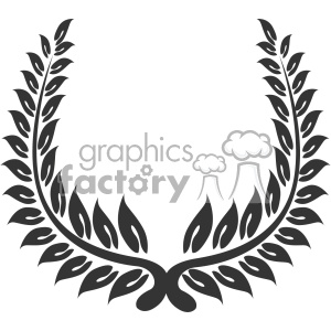 A black silhouette clipart of a symmetrical laurel wreath with leaves.