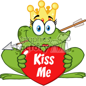 A cute cartoon frog wearing a crown, holding a red heart with the text 'Kiss Me' and pierced by an arrow, symbolizing love and Valentine's Day.