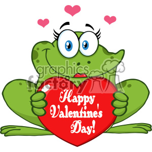 A cute green frog holding a red heart with 'Happy Valentine's Day!' written on it, surrounded by small pink hearts.