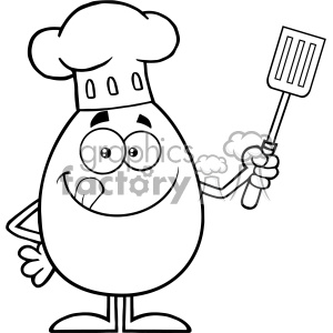 10925 Royalty Free RF Clipart Black And White Chef Egg Cartoon Mascot Character Licking His Lips And Holding A Spatula Vector Illustration