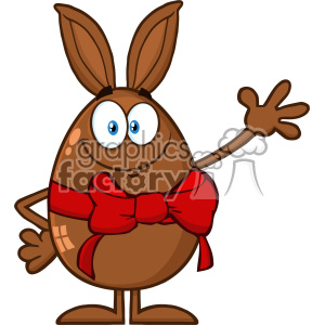 10948 Royalty Free RF Clipart Smiling Chocolate Egg Cartoon Mascot Character With A Rabbit Ears And Red Ribbon Waving For Greeting Vector Illustration