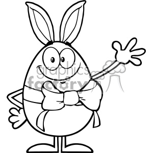 10947 Royalty Free RF Clipart Black And White Smiling Egg Cartoon Mascot Character With A Rabbit Ears And Ribbon Waving For Greeting Vector Illustration