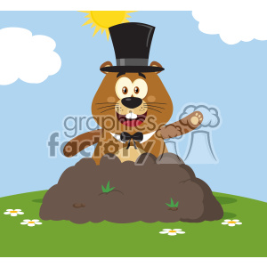 10649 Royalty Free RF Clipart Happy Marmmot Cartoon Mascot Character With Cylinder Hat Waving In Groundhog Day Vector Flat Design With Background
