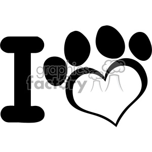 The clipart image depicts a stylized version of the phrase I love pets, where the word love is represented by a heart symbol and the word pets is represented by a paw print.