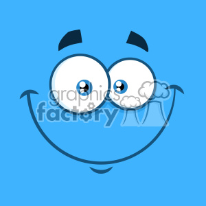 A comical and happy face illustration on a blue background with big eyes and a wide smile.