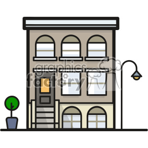 A simple, minimalistic clipart illustration of a three-story urban townhouse with arch windows, a front door with stairs leading up to it, a potted plant, and a street lamp.