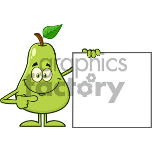 Royalty Free RF Clipart Illustration Smiling Green Pear Fruit With Leaf Cartoon Mascot Character Pointing To A Blank Sign Vector Illustration Isolated On White Background