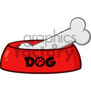 A clipart image of a red dog bowl with the word 'DOG' and a paw print on it, containing a large white bone.