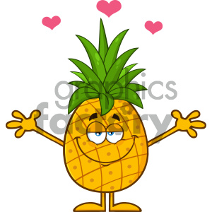 The clipart image features an anthropomorphic pineapple character. The pineapple has a happy and loving expression, with its 'hands' stretched wide as if offering a hug. There are two pink hearts floating above the pineapple, suggesting feelings of love or happiness. The pineapple is characterized by a green leafy top, eyes with visible eyelashes, a smiling mouth, and limbs that resemble the texture and pattern of pineapple skin.