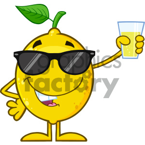 Royalty Free RF Clipart Illustration Yellow Lemon Fresh Fruit With Green Leaf Cartoon Mascot Character With Sunglasses Presenting And Holding Up A Glass Of Lemonade Vector